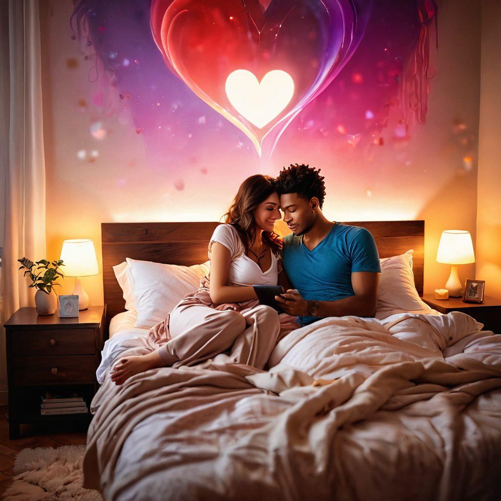 A cozy and inviting scene featuring a couple sharing a romantic moment on a digital device, symbolizing love and intimacy through adult dating sites. Soft, warm lighting creates a comforting atmosphere, with vibrant hearts and abstract love symbols floating around them. The background depicts a serene bedroom with soft textures and colors that enhance the feeling of connection. super-realistic. vibrant colors. warm lighting.