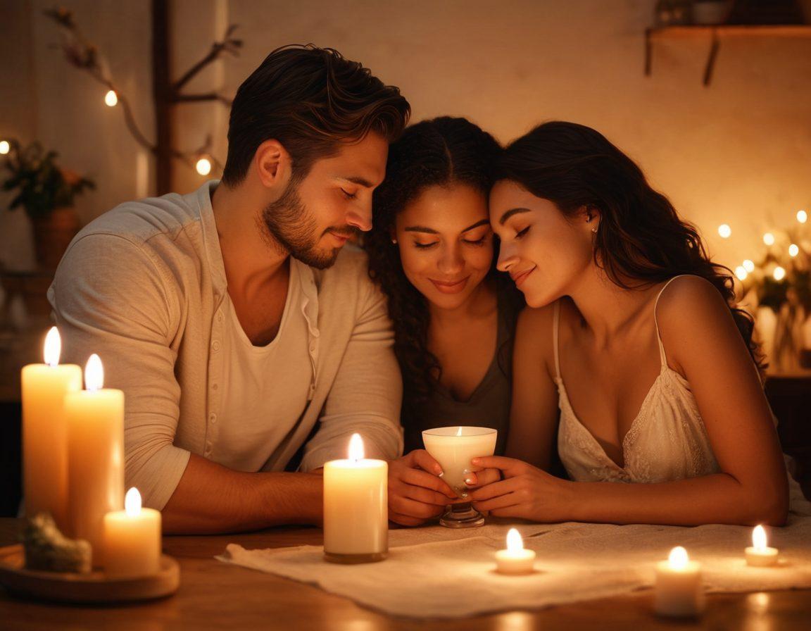 A warm and inviting scene depicting a couple enjoying a cozy dinner, surrounded by soft candlelight and romantic decor, symbolizing the journey from casual dating to deep intimacy. Include subtle elements like a mobile device displaying an adult dating app and a heart-shaped vase with flowers to emphasize connection. The background should fade into a dreamy, abstract representation of love and relationships, resonating with hope and depth. super-realistic. warm tones. soft focus.