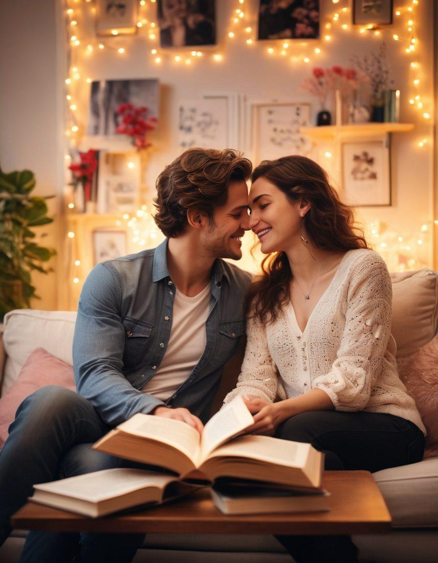 A couple in a modern, cozy setting, sitting close on a couch with open books on sexual compatibility and romance, surrounded by soft lighting and delicate decorations. They are smiling and engaging in a joyful conversation, showcasing emotional intimacy and connection. Include symbols of love such as hearts and flowers in the background. super-realistic. warm tones. soft focus.